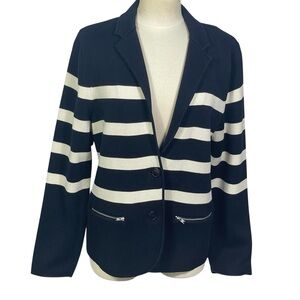 Talbots Women’s Navy White Stripe Notch Collar Classic Cardigan Sweater Sz XL